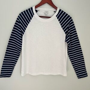 J. Crew 100% Cotton White Tee with Navy & Whites Stripes on Long Sleeves Size M
